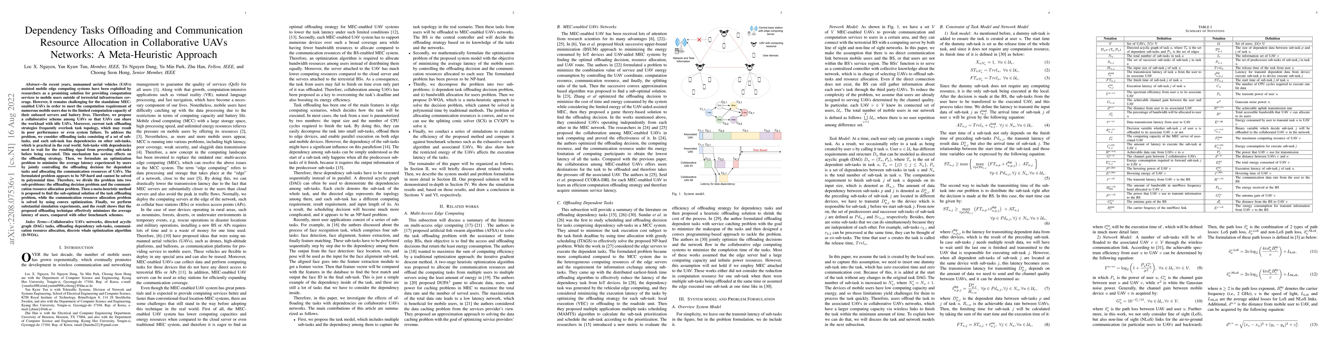 Thumbnail for Dependency Tasks Offloading and Communication Resource Allocation in
  Collaborative UAVs Networks: A Meta-Heuristic Approach
