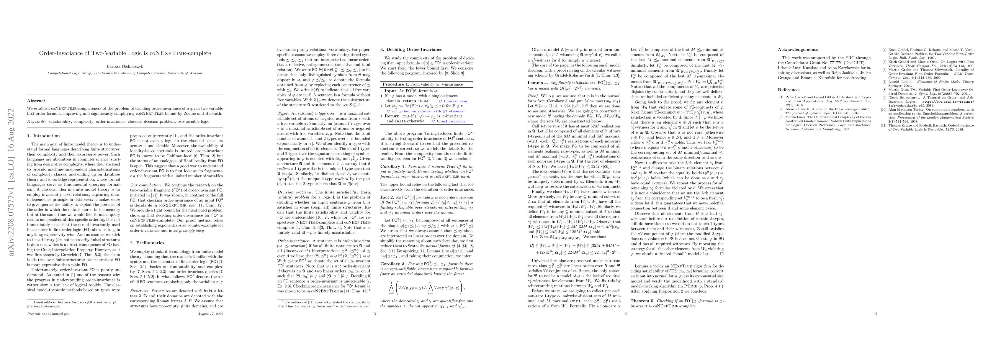 Thumbnail for Order-Invariance of Two-Variable Logic is coNExpTime-complete