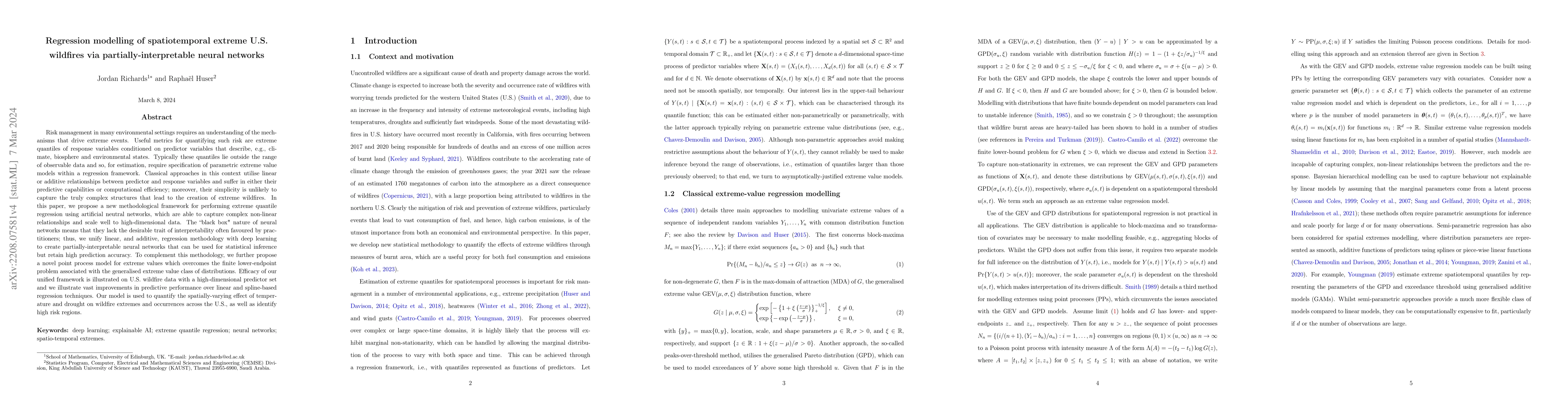 Thumbnail for Regression modelling of spatiotemporal extreme U.S. wildfires via
  partially-interpretable neural networks