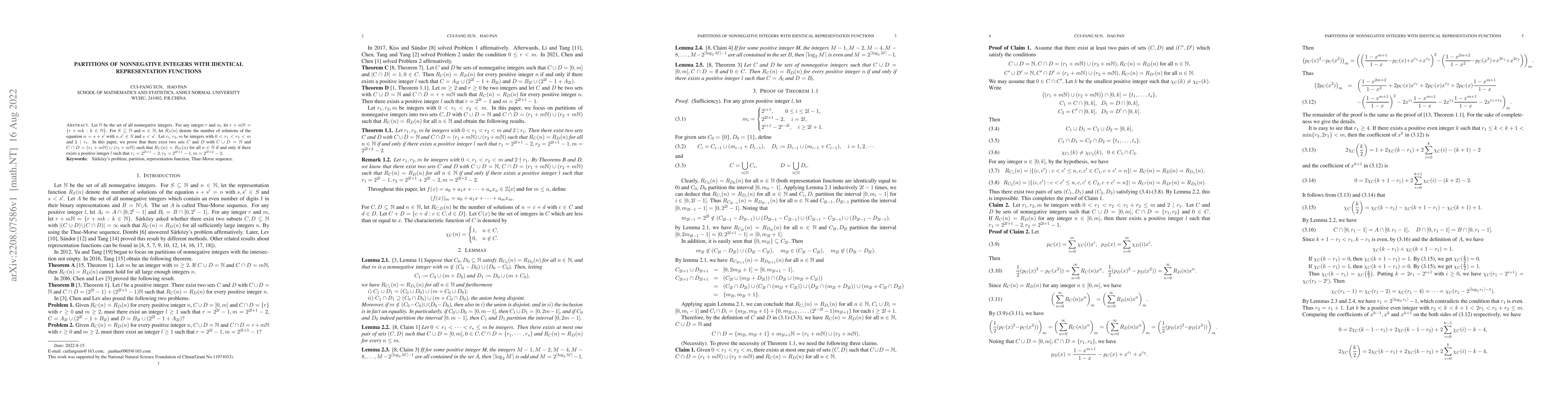Thumbnail for Partitions of nonnegative integers with identical representation
  functions