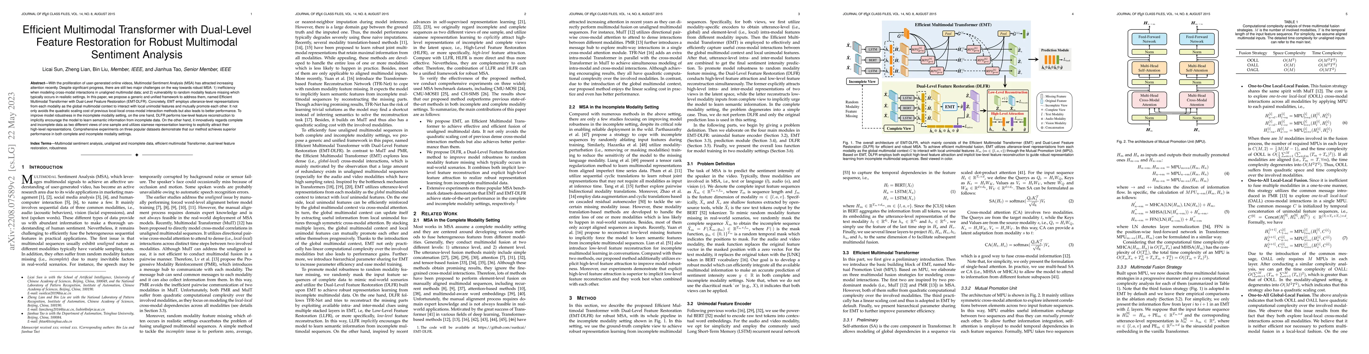Thumbnail for Efficient Multimodal Transformer with Dual-Level Feature Restoration for
  Robust Multimodal Sentiment Analysis