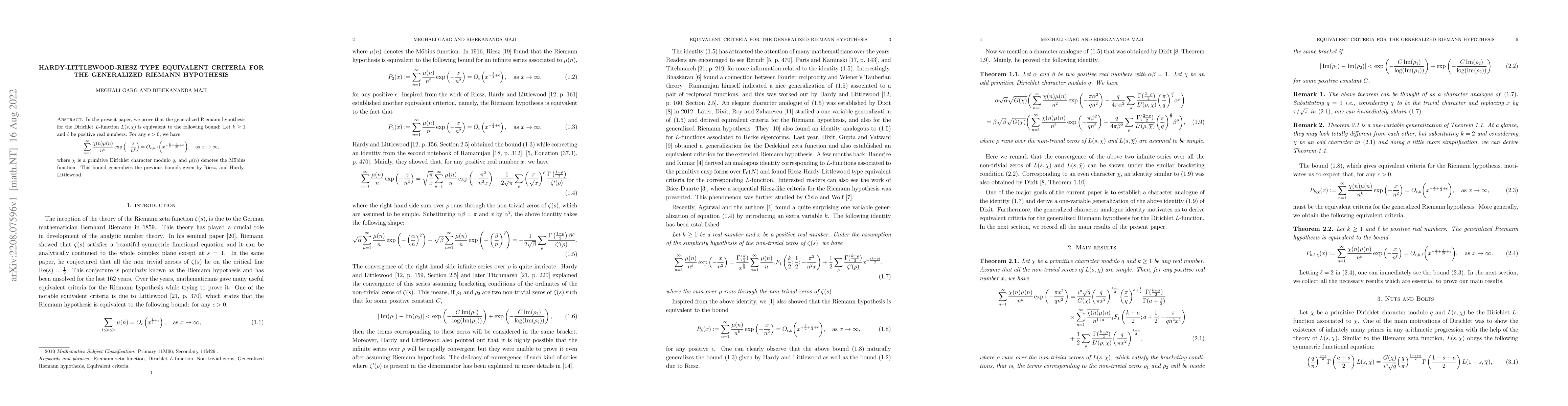 Thumbnail for Hardy-Littlewood-Riesz type equivalent criteria for the Generalized
  Riemann hypothesis