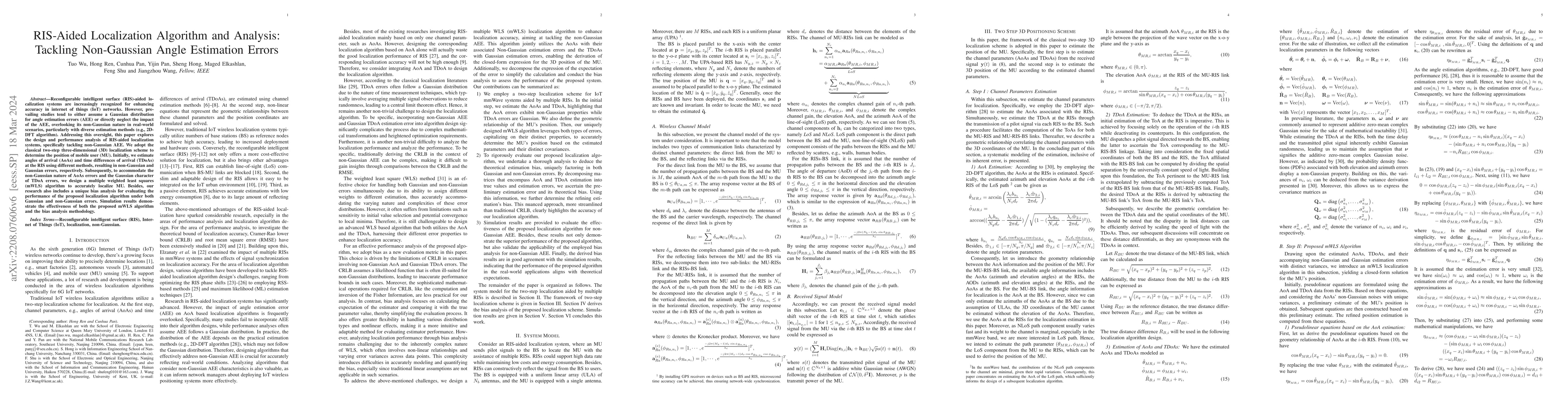 Thumbnail for RIS-Aided Localization Algorithm and Analysis: Tackling Non-Gaussian
  Angle Estimation Errors