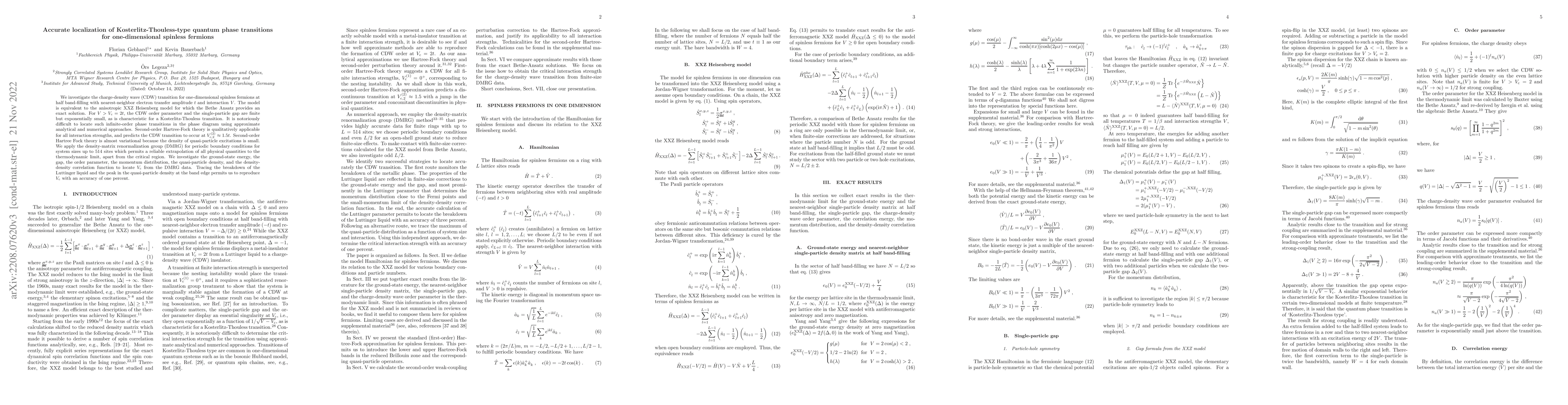Thumbnail for Accurate localization of Kosterlitz-Thouless-type quantum phase
  transitions for one-dimensional spinless fermions