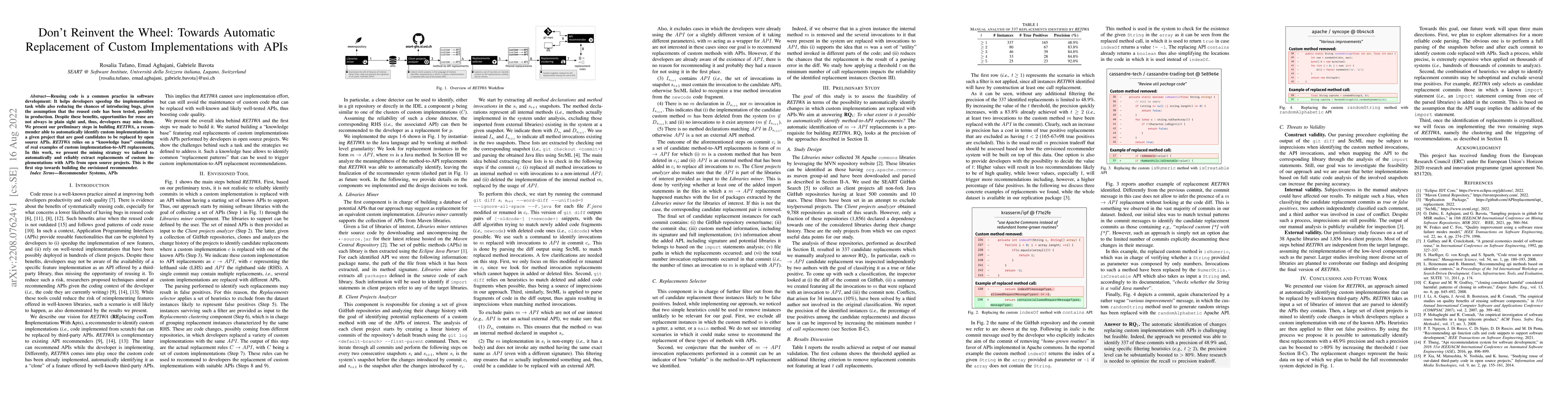 Thumbnail for Don't Reinvent the Wheel: Towards Automatic Replacement of Custom
  Implementations with APIs