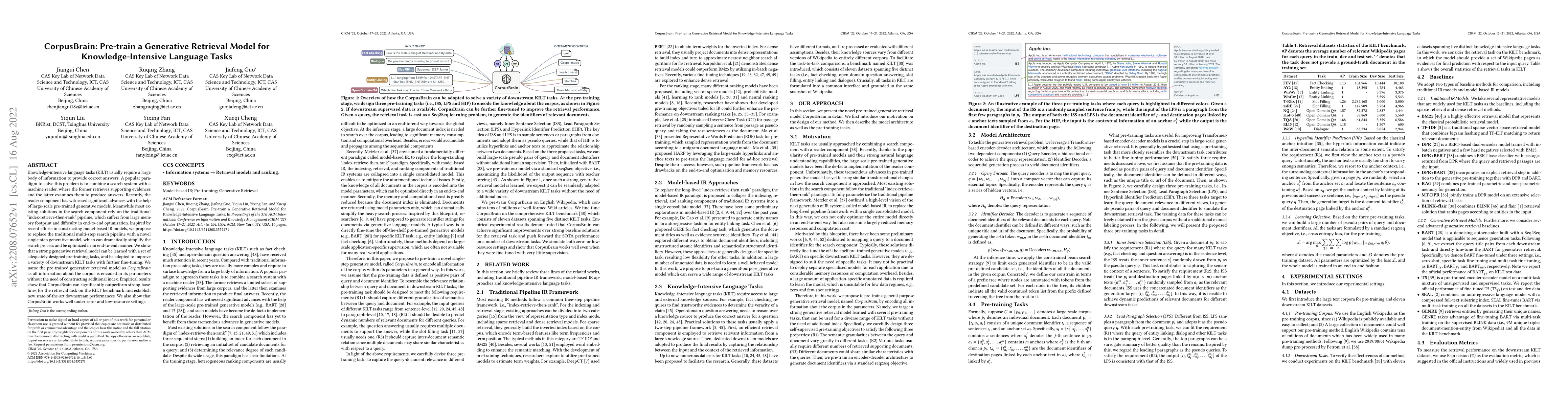 Thumbnail for CorpusBrain: Pre-train a Generative Retrieval Model for
  Knowledge-Intensive Language Tasks