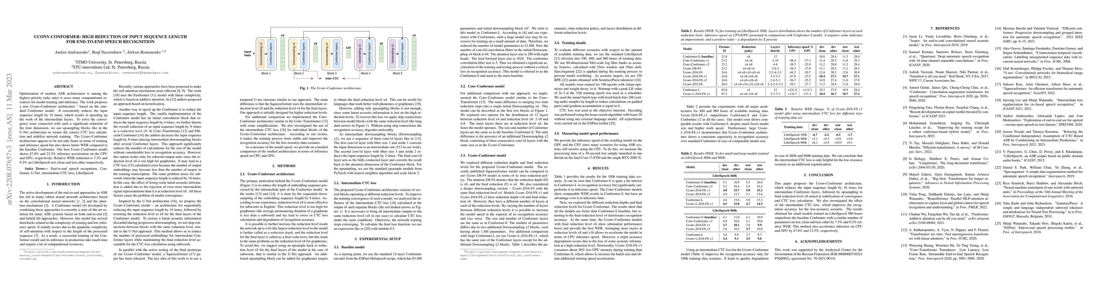 Thumbnail for Uconv-Conformer: High Reduction of Input Sequence Length for End-to-End
  Speech Recognition