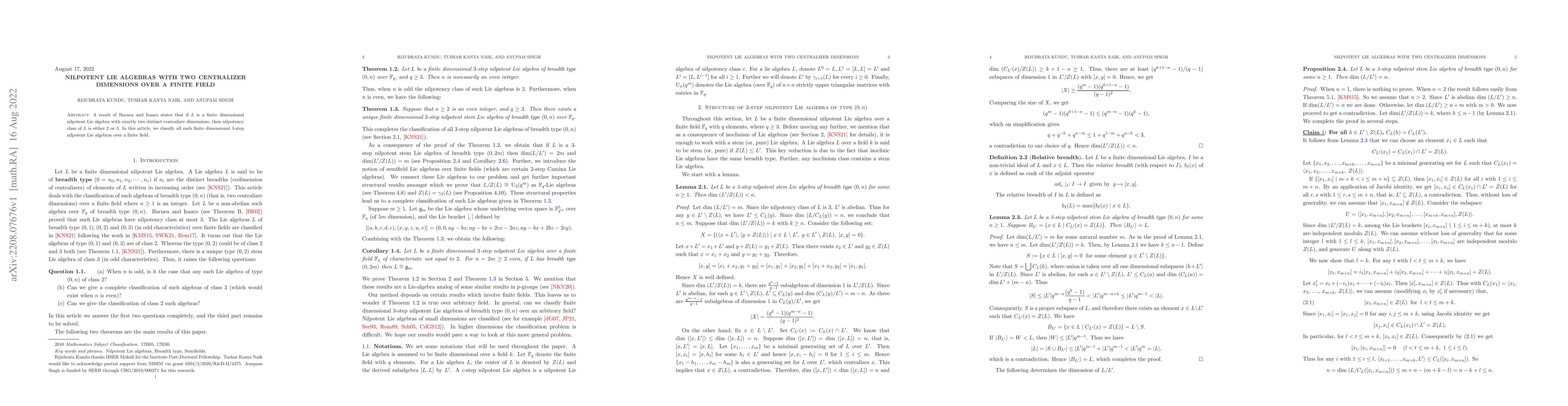 Thumbnail for Nilpotent Lie algebras with two centralizer dimensions over a finite
  field