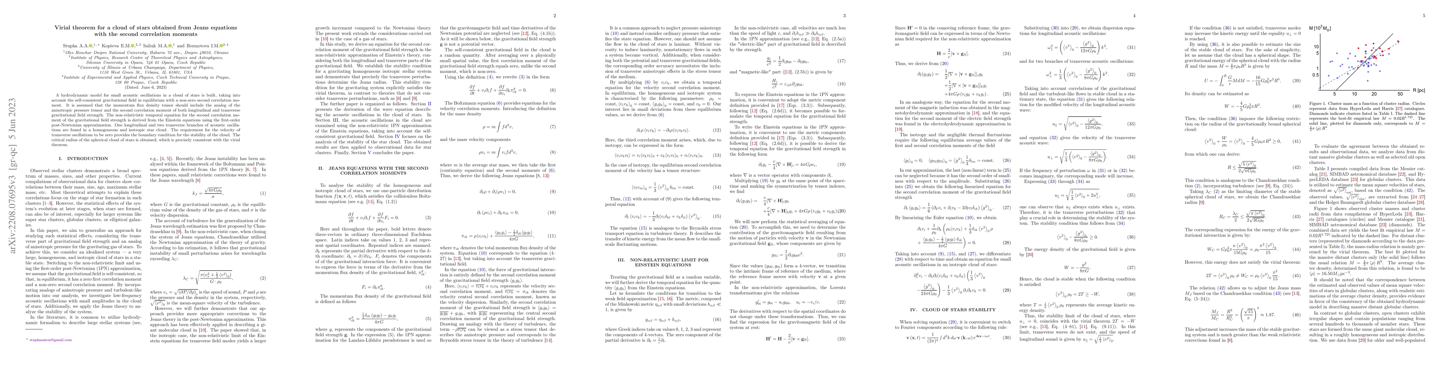 Thumbnail for Virial theorem for a cloud of stars obtained from Jeans equations with
  the second correlation moments