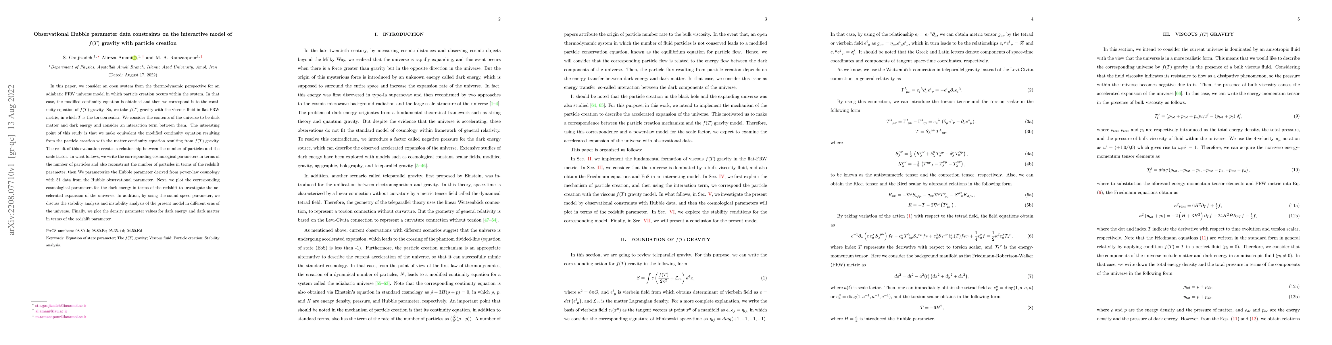 Thumbnail for Observational Hubble parameter data constraints on the interactive model
  of $f(T)$ gravity with particle creation