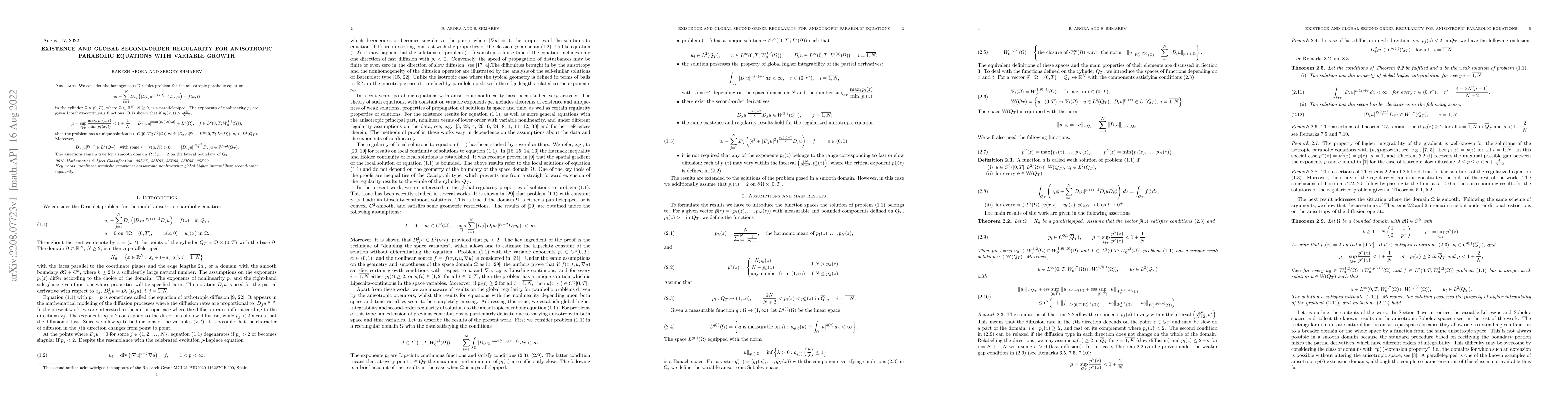 Thumbnail for Existence and global second-order regularity for anisotropic parabolic
  equations with variable growth