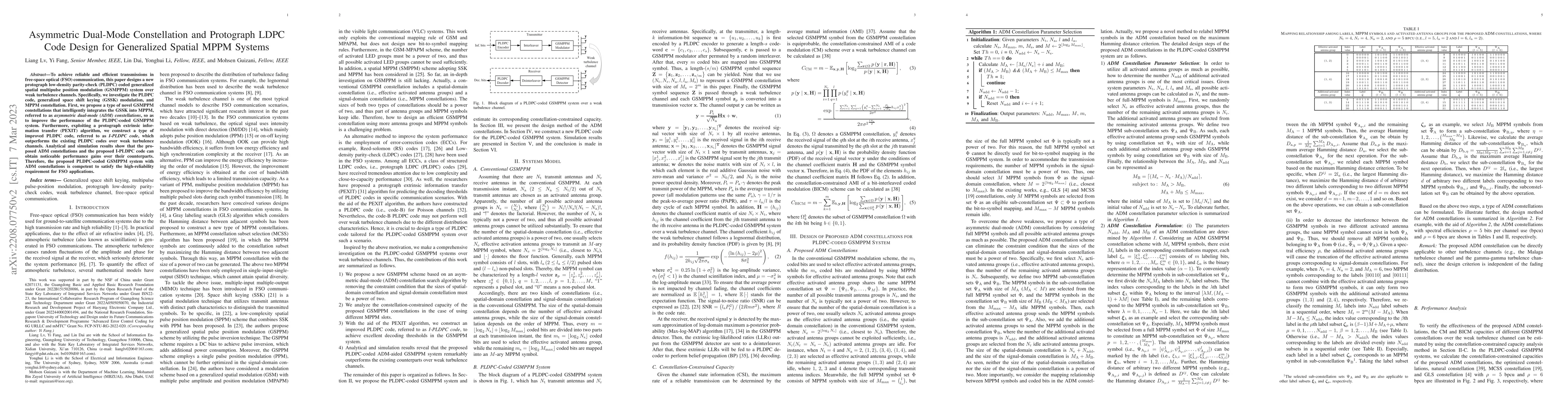 Thumbnail for Asymmetric Dual-Mode Constellation and Protograph LDPC Code Design for
  Generalized Spatial MPPM Systems