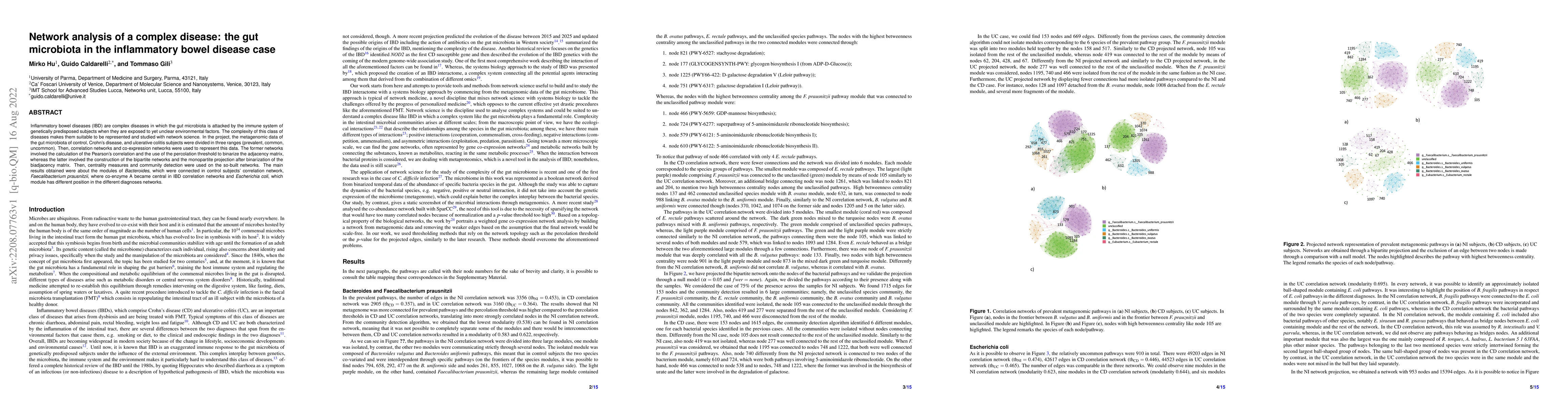 Thumbnail for Network analysis of a complex disease: the gut microbiota in the
  inflammatory bowel disease case
