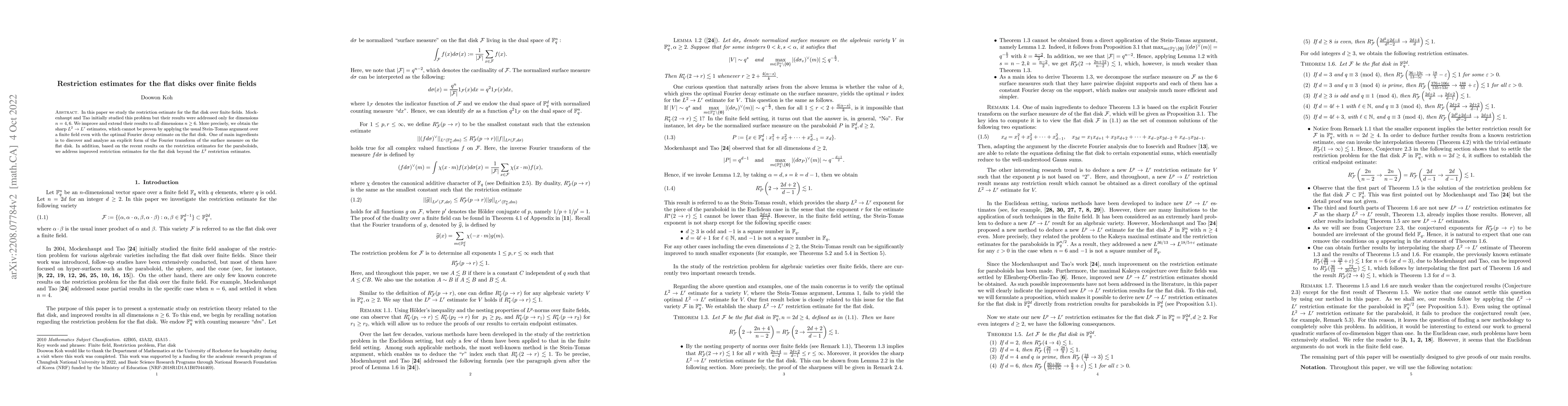 Thumbnail for Restriction estimates for the flat disks over finite fields