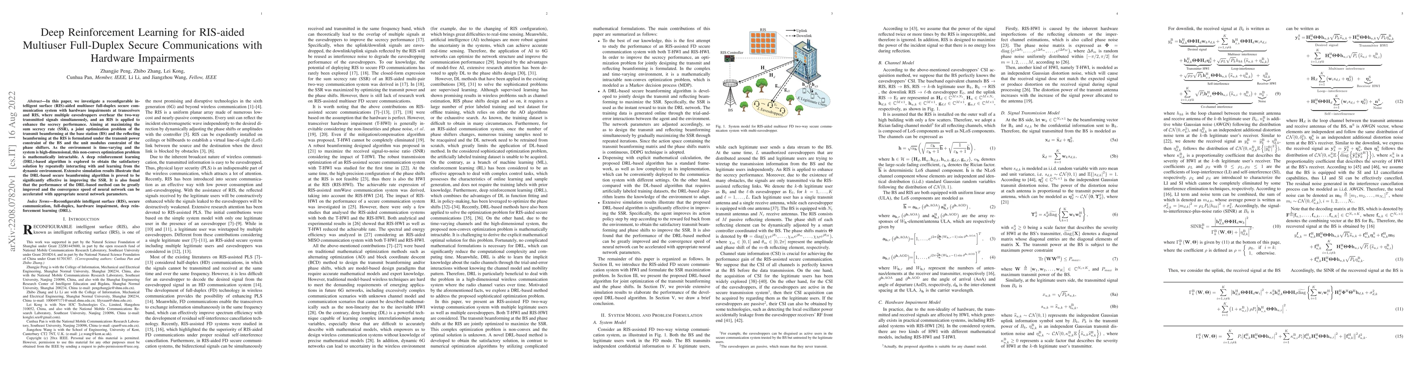 Thumbnail for Deep Reinforcement Learning for RIS-aided Multiuser Full-Duplex Secure
  Communications with Hardware Impairments