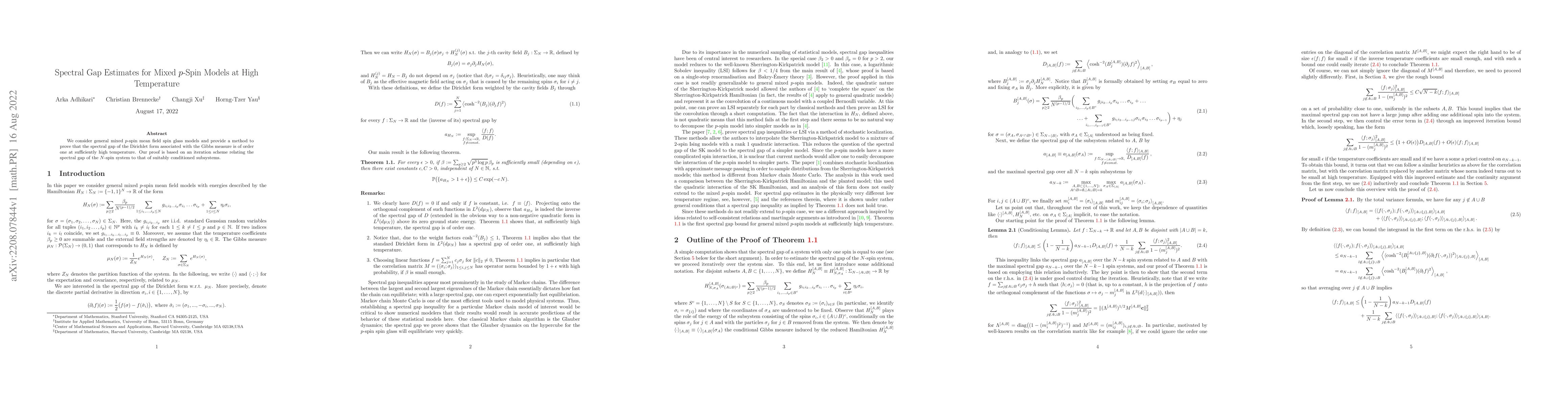 Thumbnail for Spectral Gap Estimates for Mixed $p$-Spin Models at High Temperature