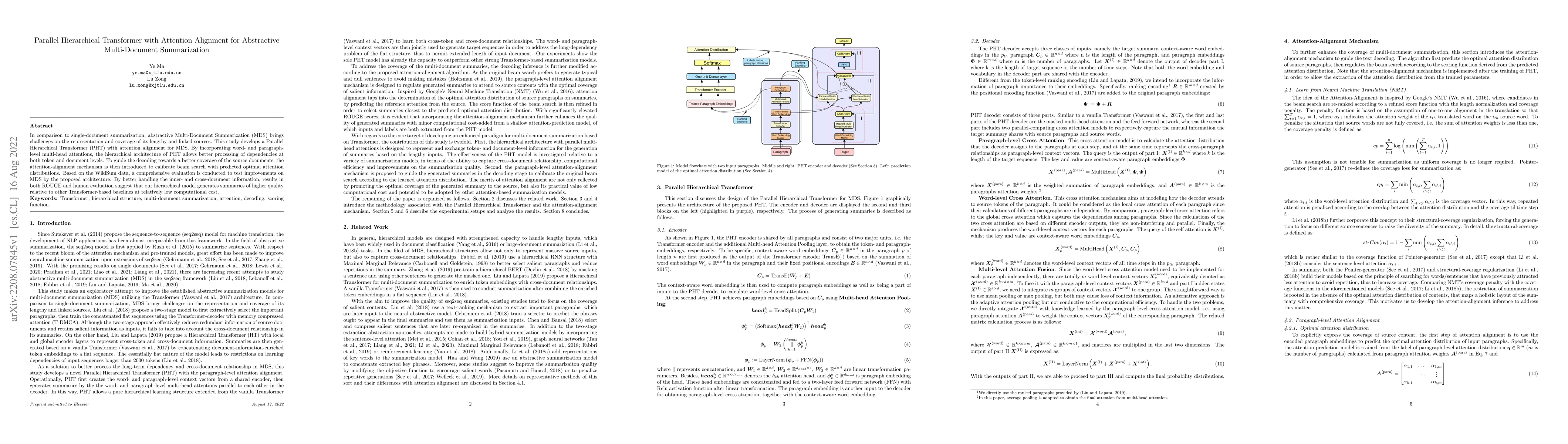 Thumbnail for Parallel Hierarchical Transformer with Attention Alignment for
  Abstractive Multi-Document Summarization