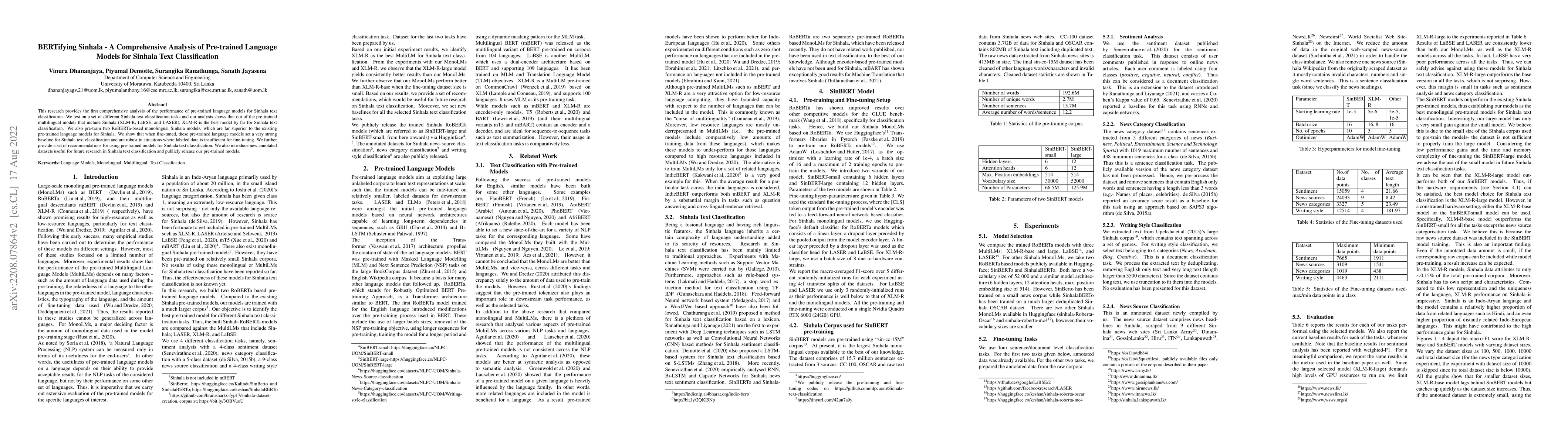 Thumbnail for BERTifying Sinhala -- A Comprehensive Analysis of Pre-trained Language
  Models for Sinhala Text Classification