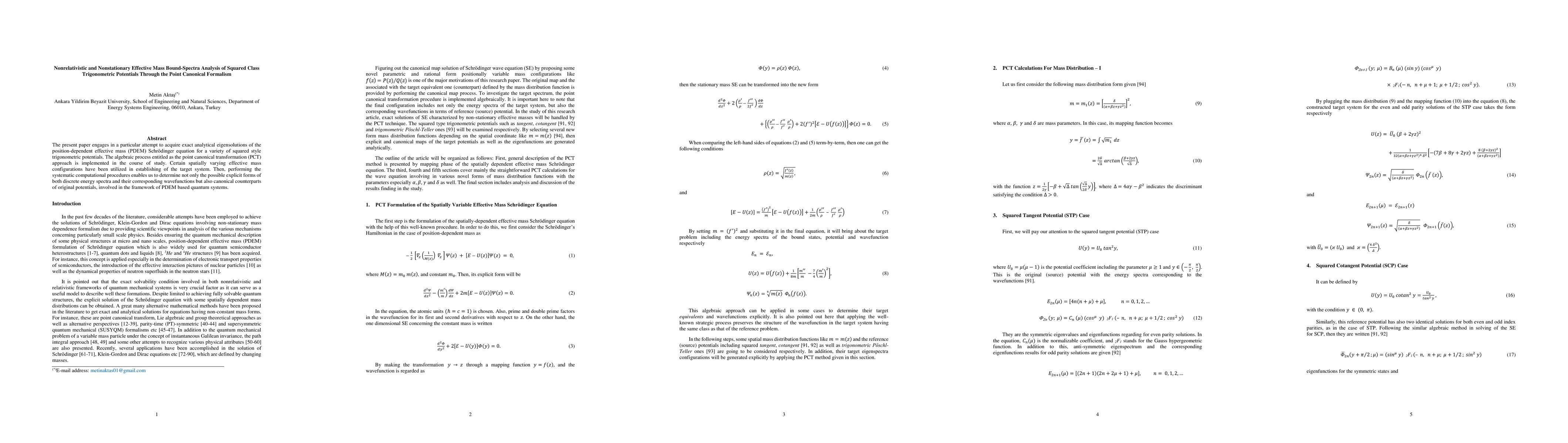 Thumbnail for Nonrelativistic and Nonstationary Effective Mass Bound-Spectra Analysis
  of Squared Class Trigonometric Potentials Through the Point Canonical
  Formalism