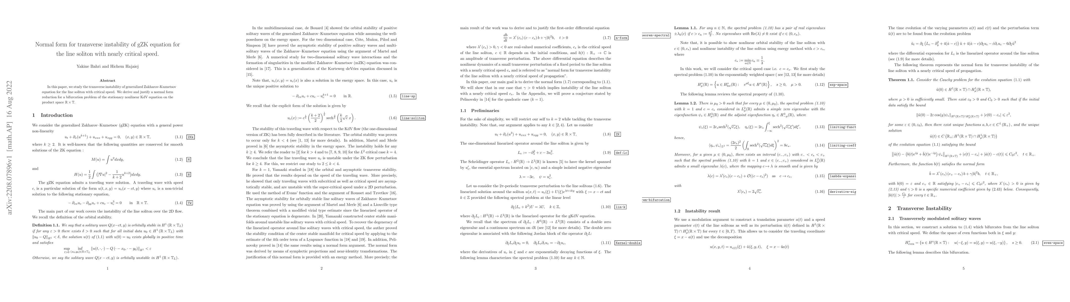 Thumbnail for Normal form for transverse instability of gZK equation for the line
  soliton with nearly critical speed