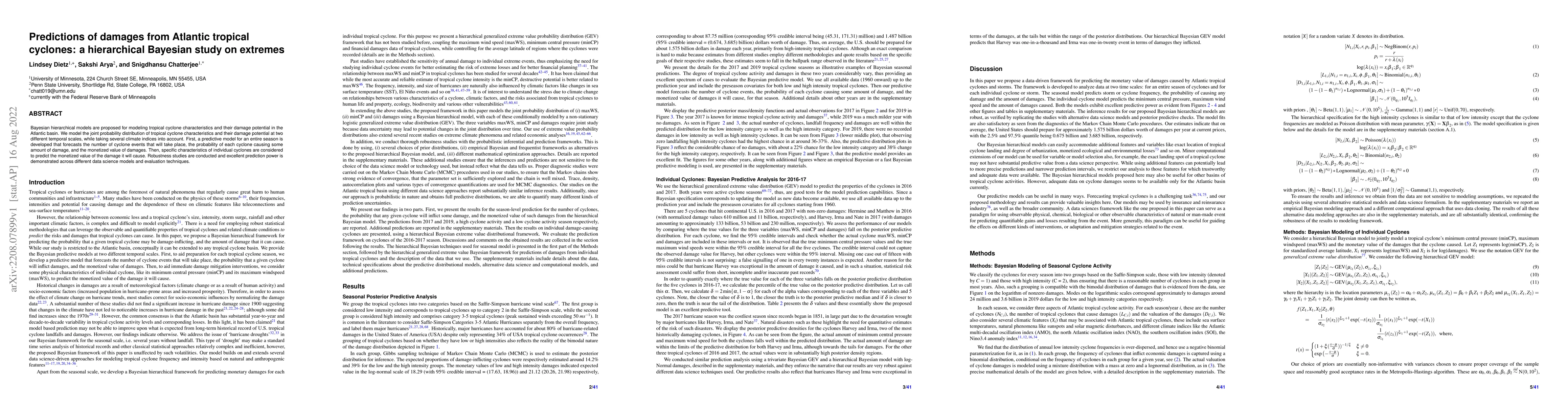 Thumbnail for Predictions of damages from Atlantic tropical cyclones: a hierarchical
  Bayesian study on extremes