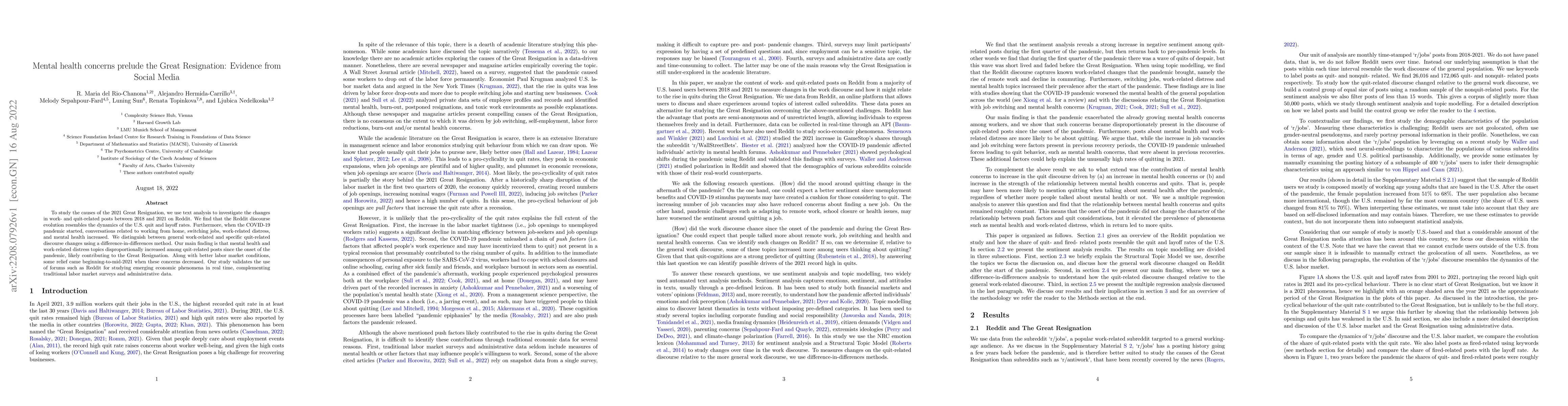 Thumbnail for Mental health concerns prelude the Great Resignation: Evidence from
  Social Media