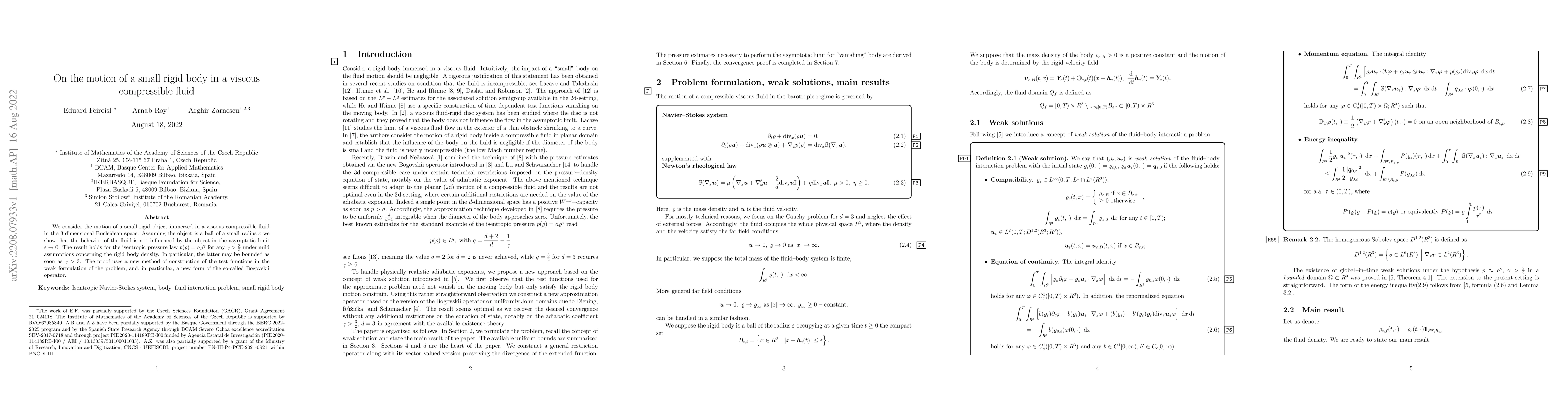 Thumbnail for On the motion of a small rigid body in a viscous compressible fluid