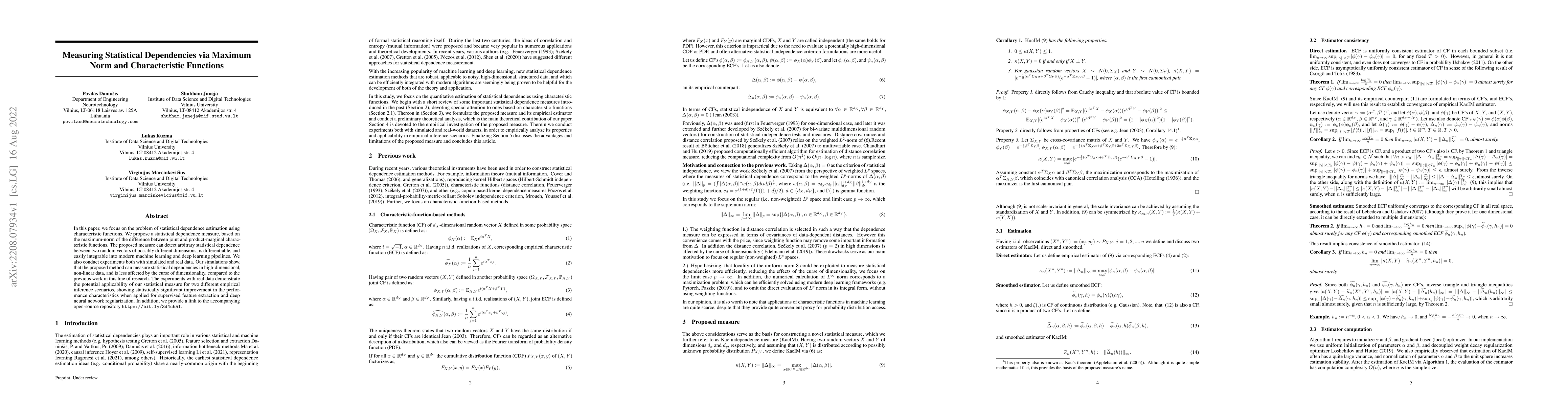 Thumbnail for Measuring Statistical Dependencies via Maximum Norm and Characteristic
  Functions