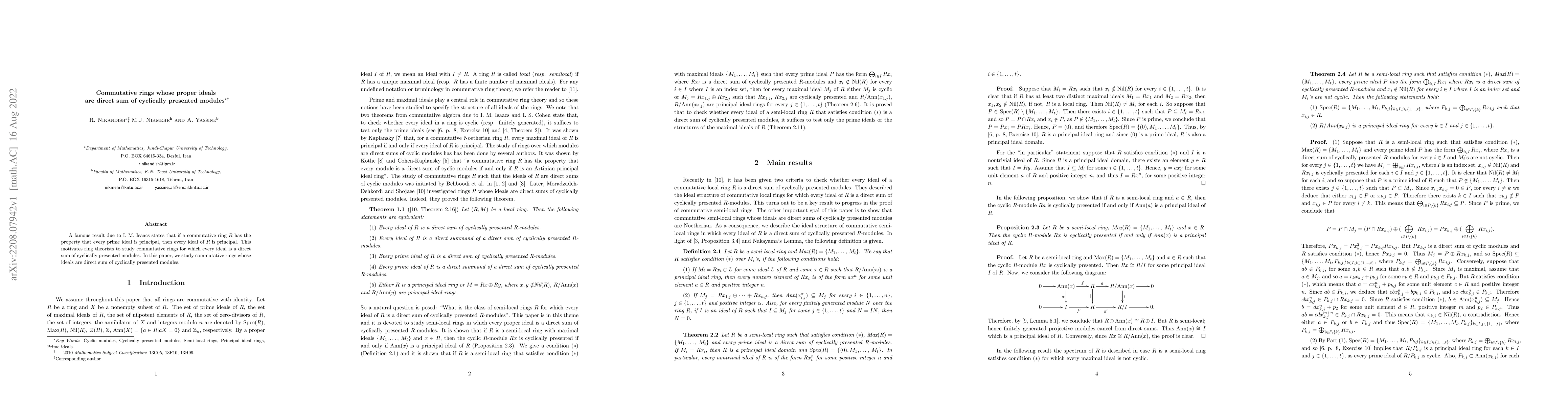 Thumbnail for Commutative rings whose proper ideals are direct sum of cyclically
  presented modules