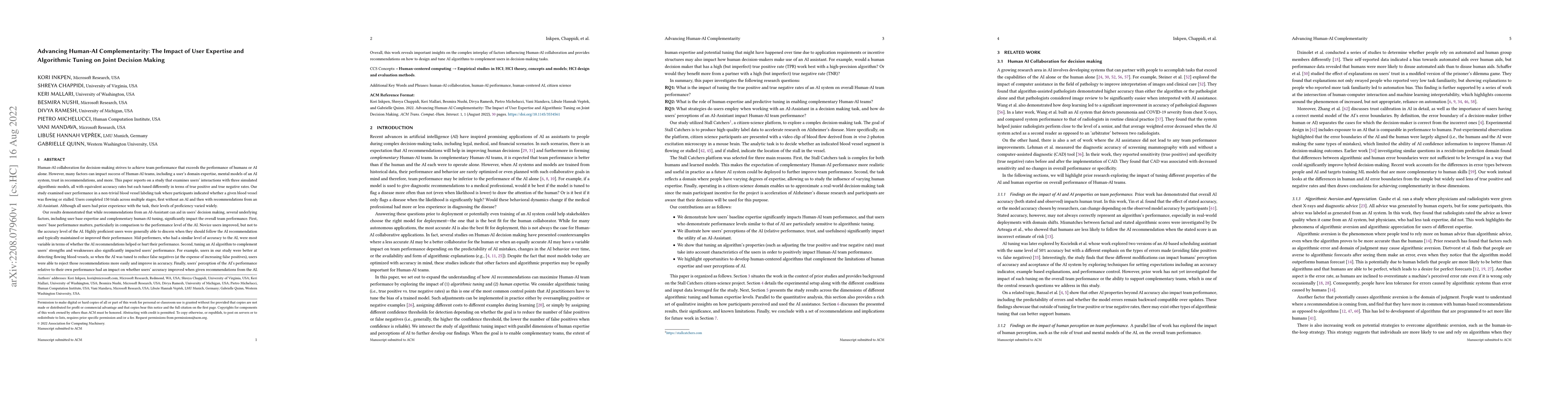 Thumbnail for Advancing Human-AI Complementarity: The Impact of User Expertise and
  Algorithmic Tuning on Joint Decision Making