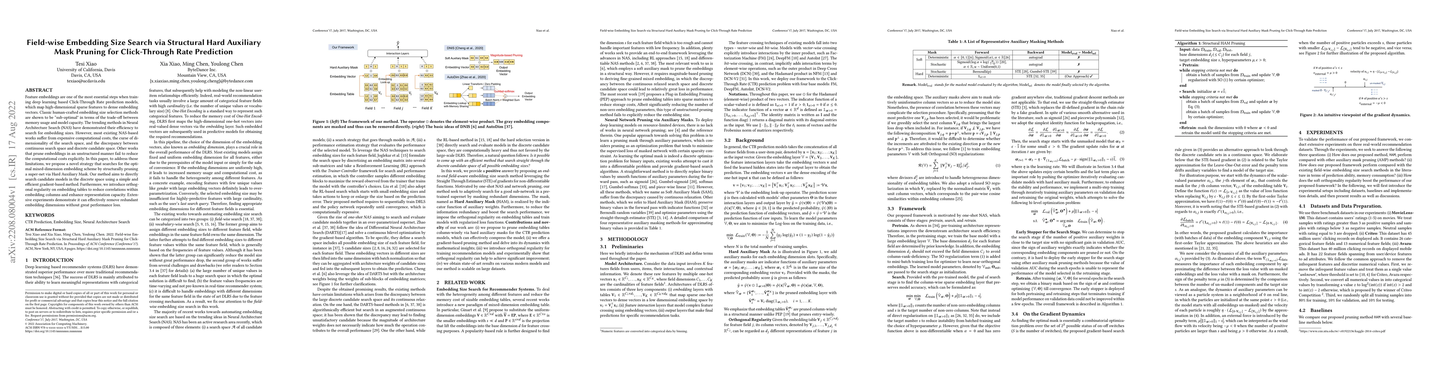 Thumbnail for Field-wise Embedding Size Search via Structural Hard Auxiliary Mask
  Pruning for Click-Through Rate Prediction