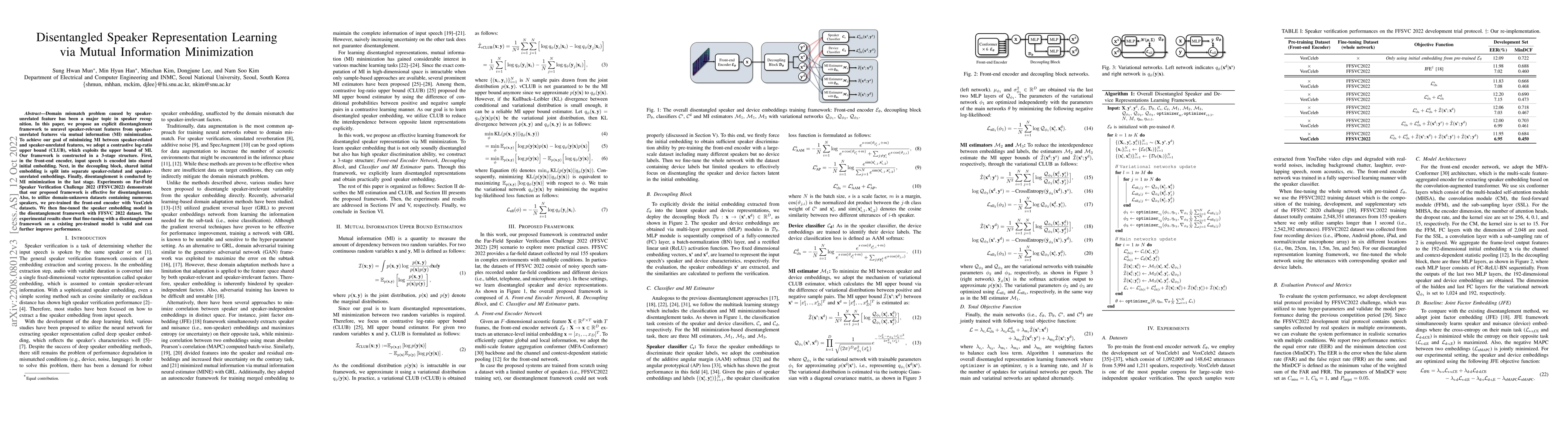 Thumbnail for Disentangled Speaker Representation Learning via Mutual Information
  Minimization