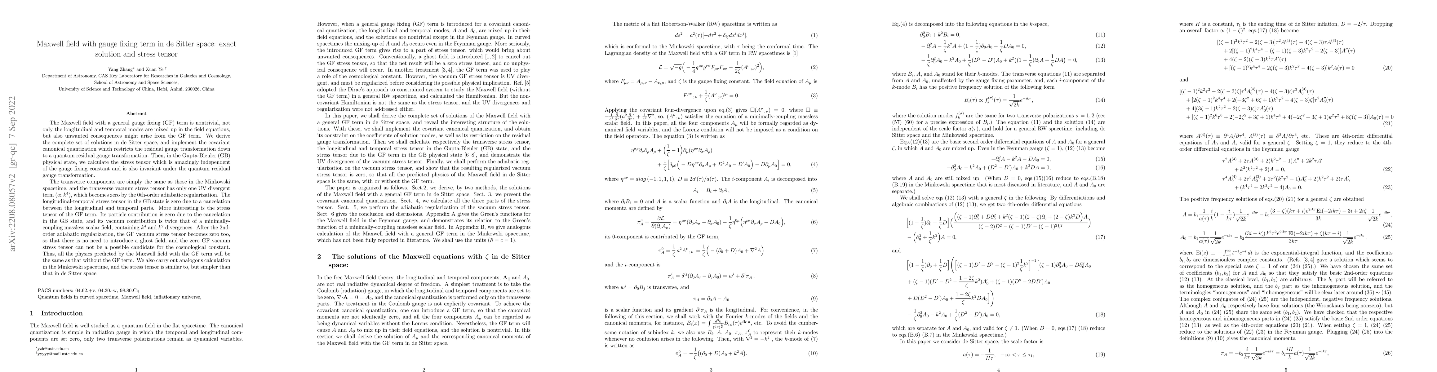 Thumbnail for Maxwell field with gauge fixing term in de Sitter space: exact solution
  and stress tensor