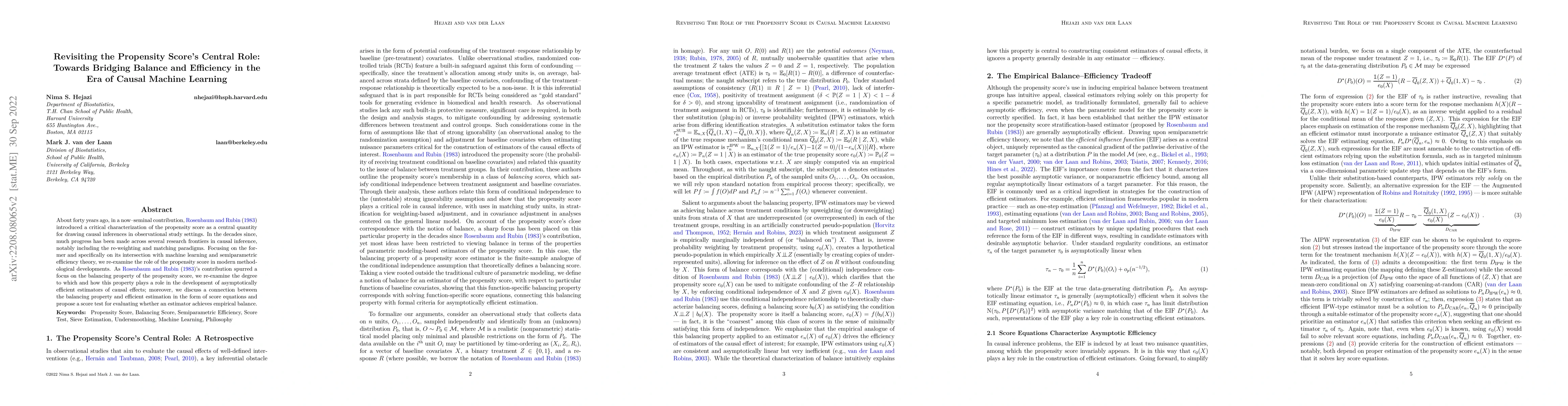 Thumbnail for Revisiting the propensity score's central role: Towards bridging balance
  and efficiency in the era of causal machine learning