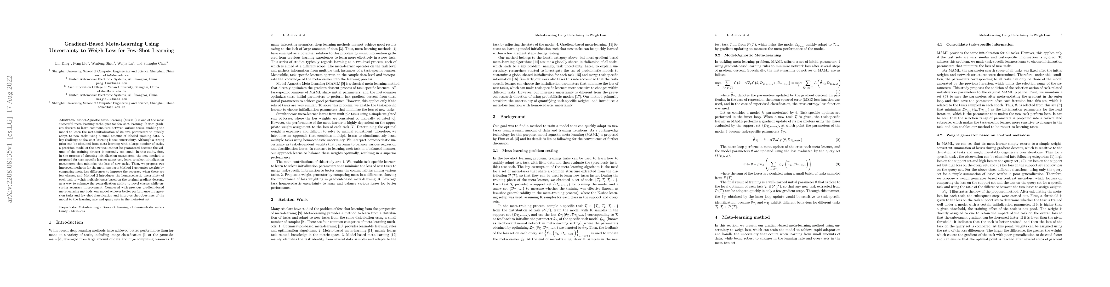 Thumbnail for Gradient-Based Meta-Learning Using Uncertainty to Weigh Loss for
  Few-Shot Learning
