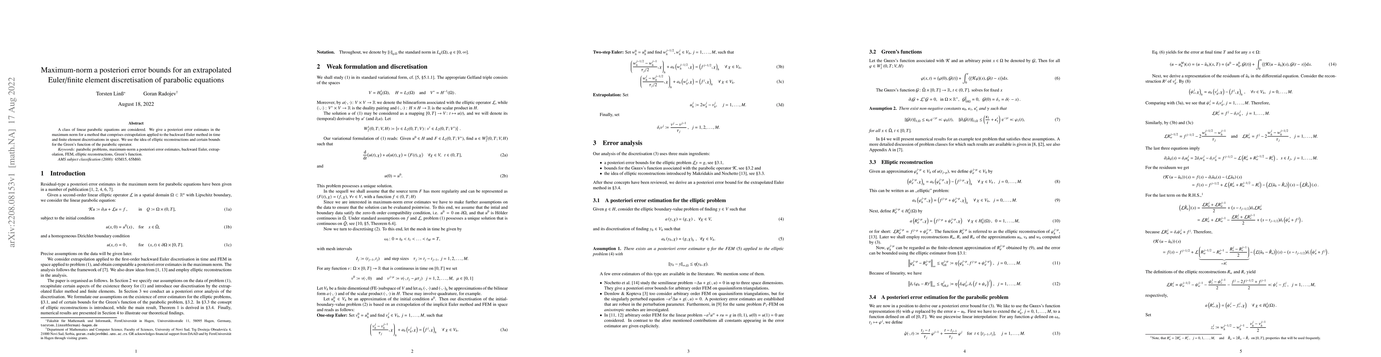 Thumbnail for Maximum-norm a posteriori error bounds for an extrapolated Euler/finite
  element discretisation of parabolic equations