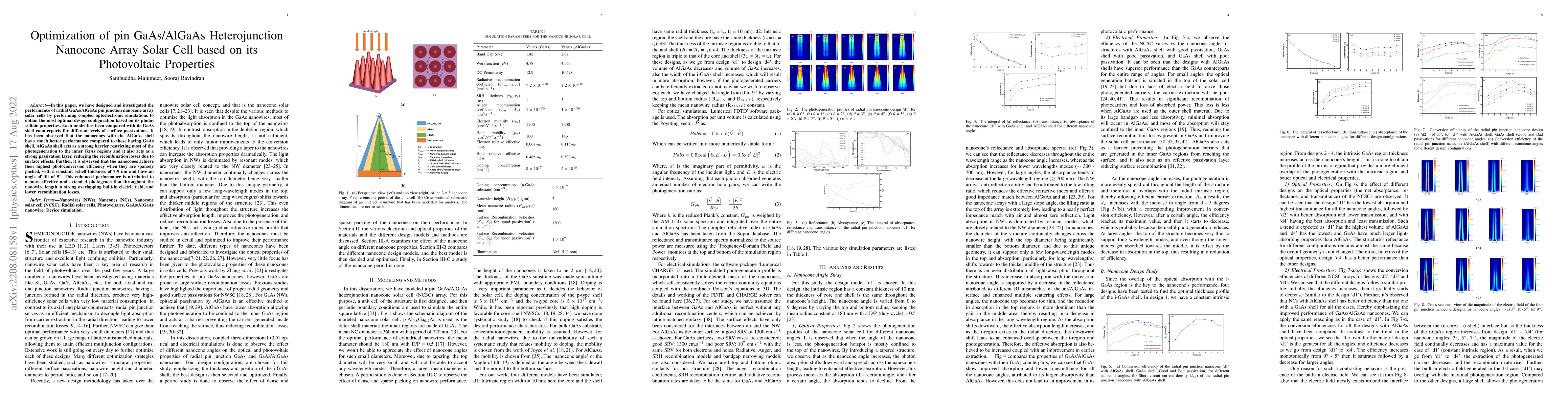 Thumbnail for Optimization of pin GaAs/AlGaAs Heterojunction Nanocone Array Solar Cell
  based on its Photovoltaic Properties