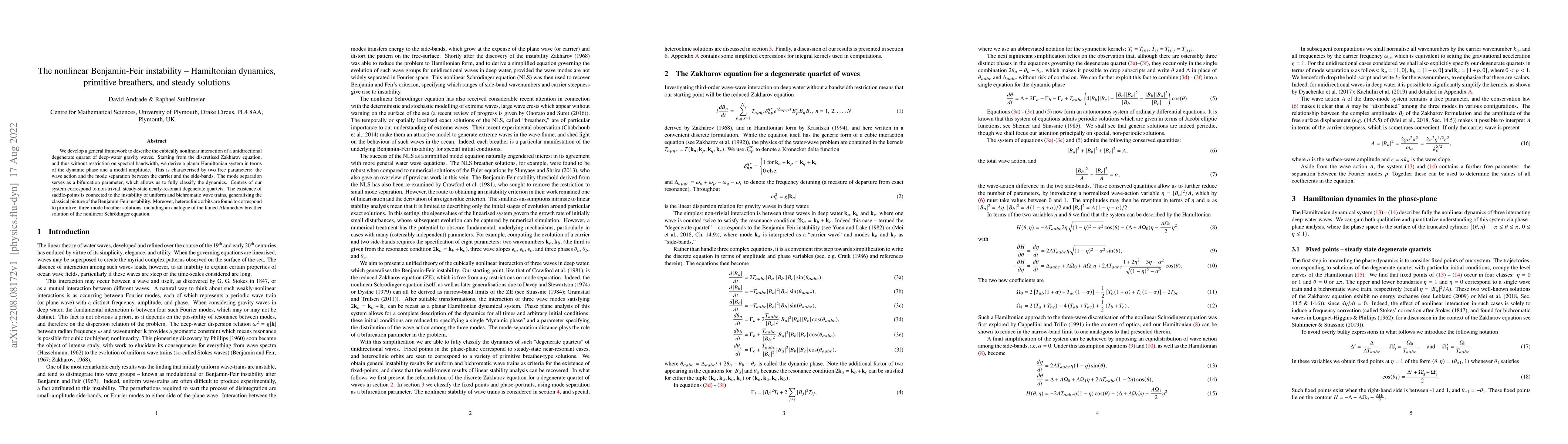 Thumbnail for The nonlinear Benjamin-Feir instability -- Hamiltonian dynamics,
  primitive breathers, and steady solutions