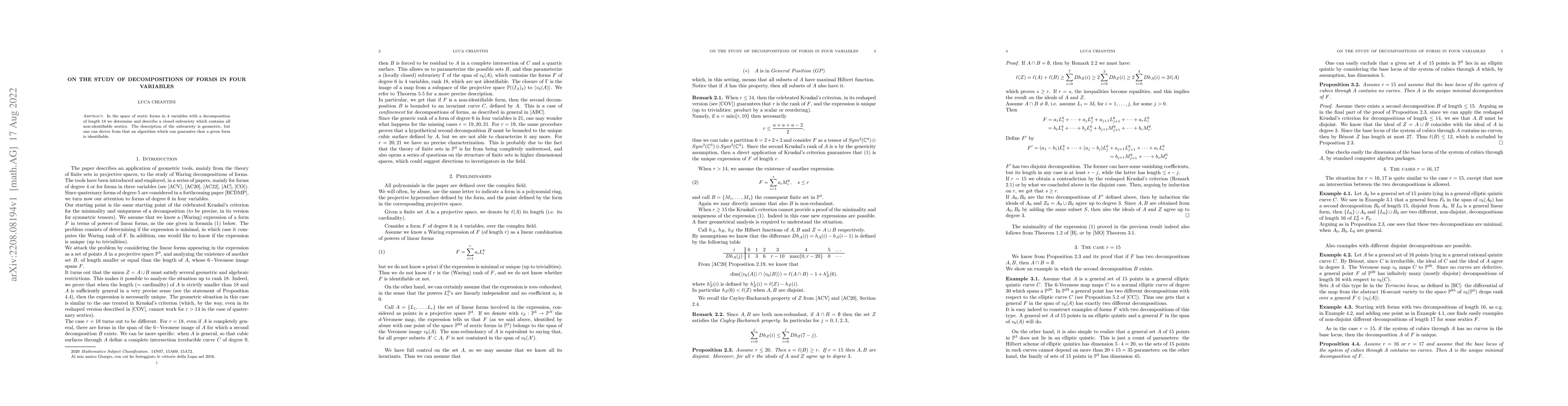 Thumbnail for On the study of decompositions of forms in four variables