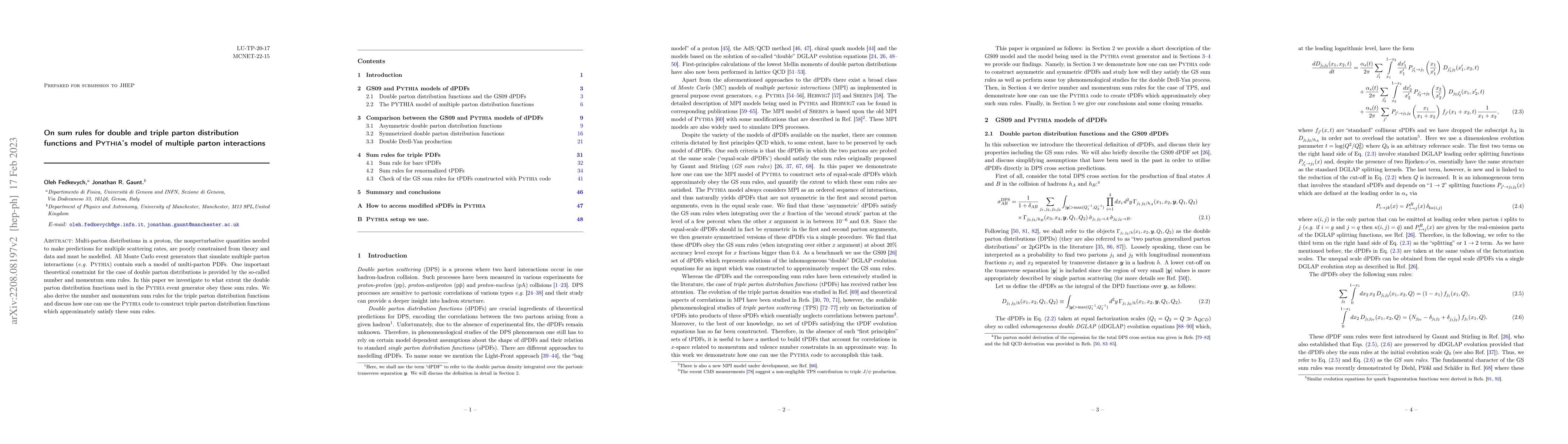 Thumbnail for On sum rules for double and triple parton distribution functions and
  Pythia's model of multiple parton interactions