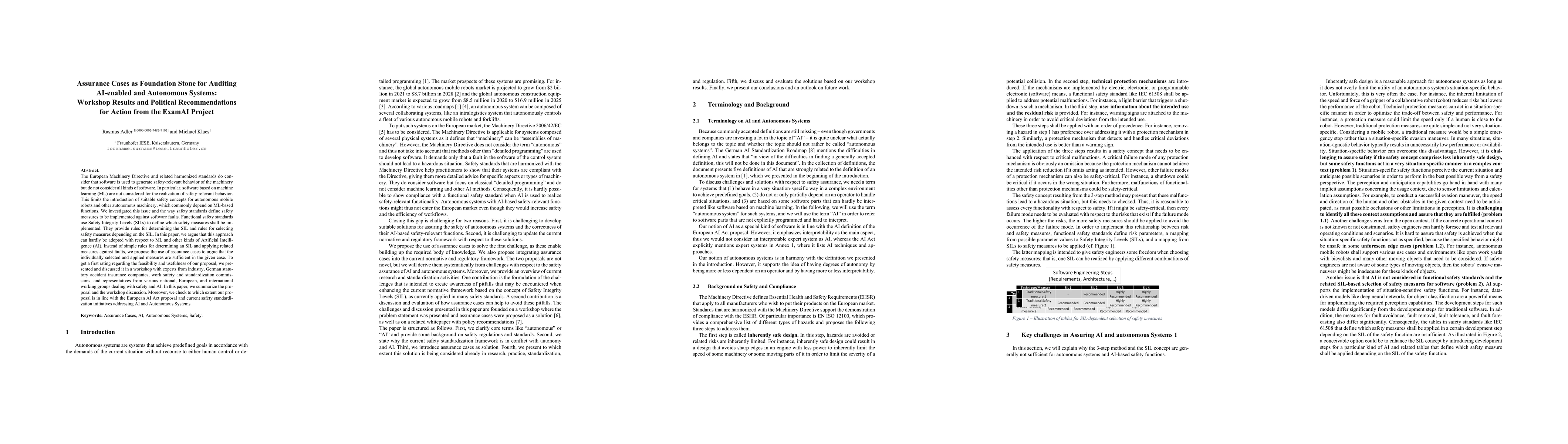 Thumbnail for Assurance Cases as Foundation Stone for Auditing AI-enabled and
  Autonomous Systems: Workshop Results and Political Recommendations for Action
  from the ExamAI Project