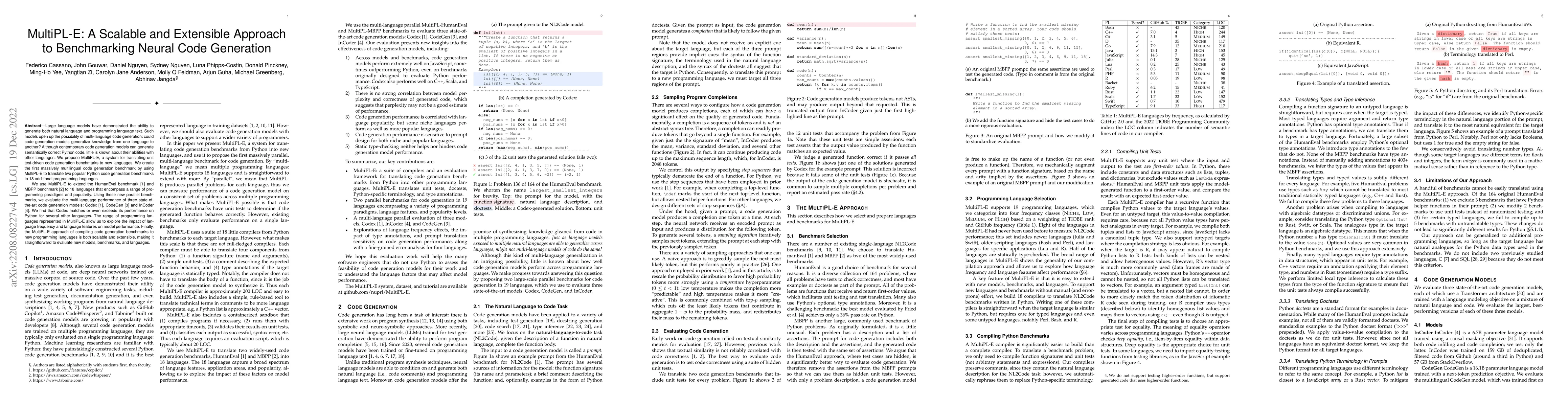Thumbnail for MultiPL-E: A Scalable and Extensible Approach to Benchmarking Neural
  Code Generation