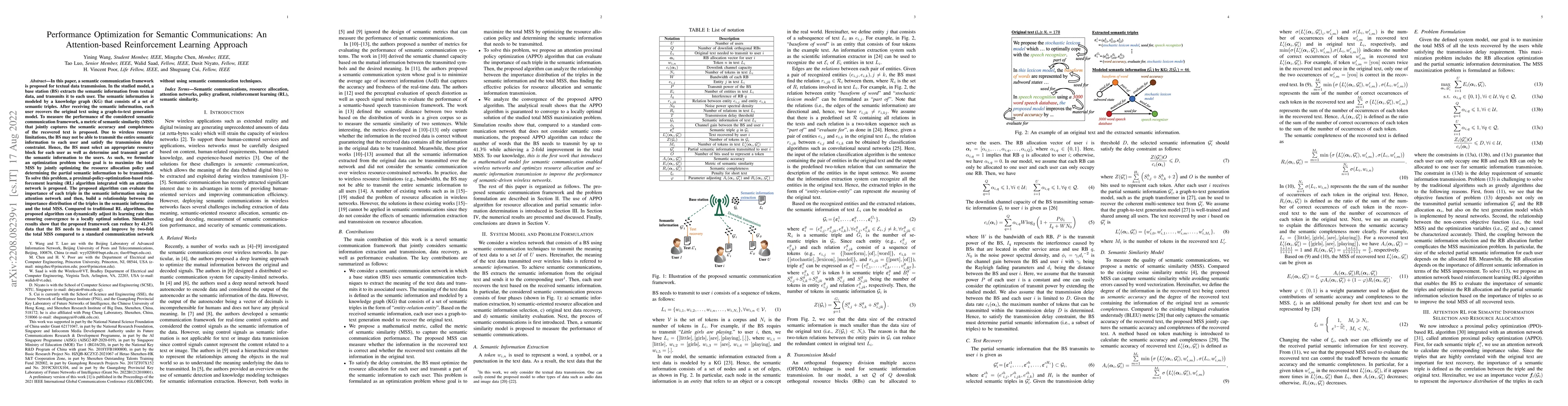 Thumbnail for Performance Optimization for Semantic Communications: An Attention-based
  Reinforcement Learning Approach