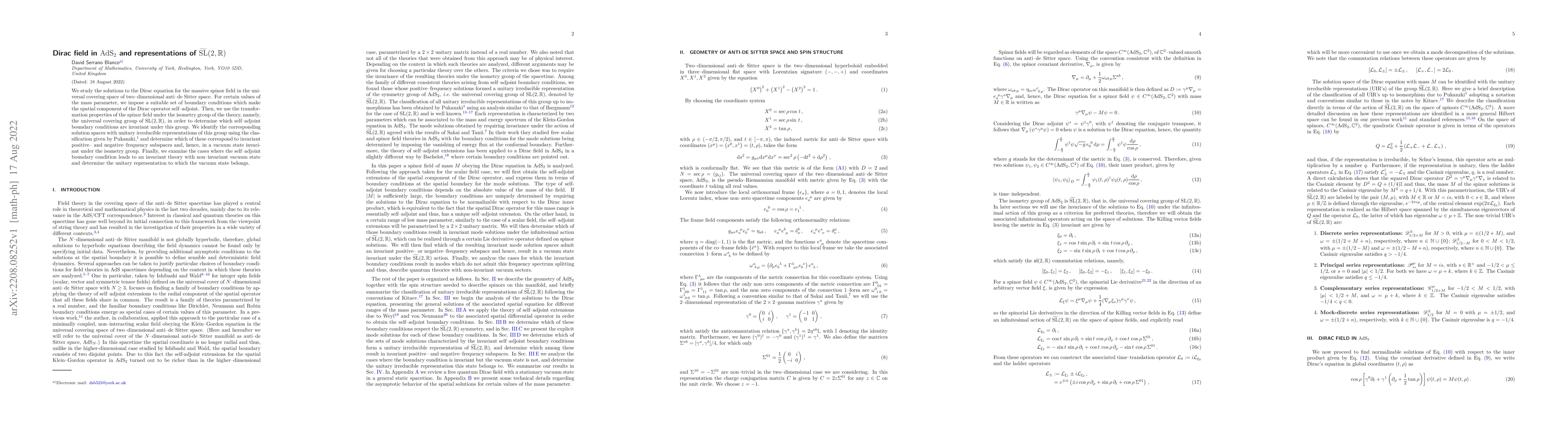 Thumbnail for Dirac field in $\mathrm{AdS}_2$ and representations of
  $\widetilde{\mathrm{SL}}(2,\mathbb{R})$