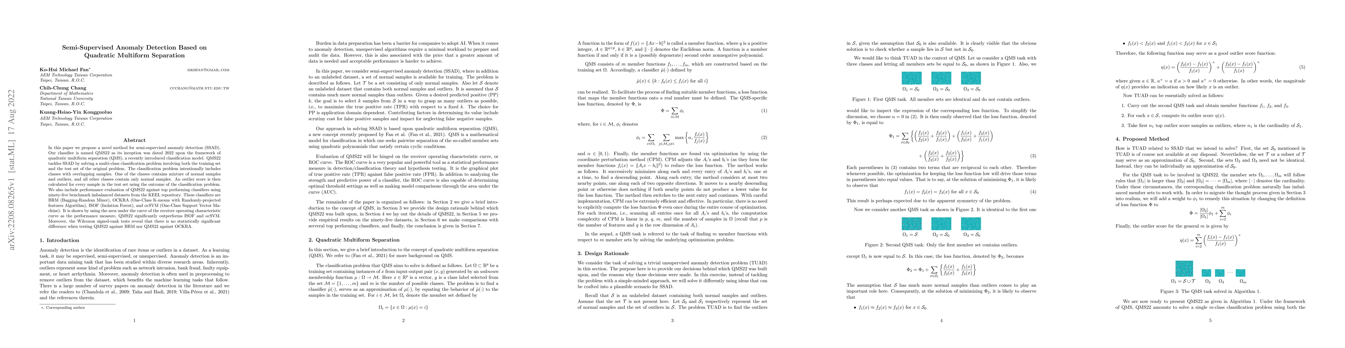 Thumbnail for Semi-Supervised Anomaly Detection Based on Quadratic Multiform
  Separation