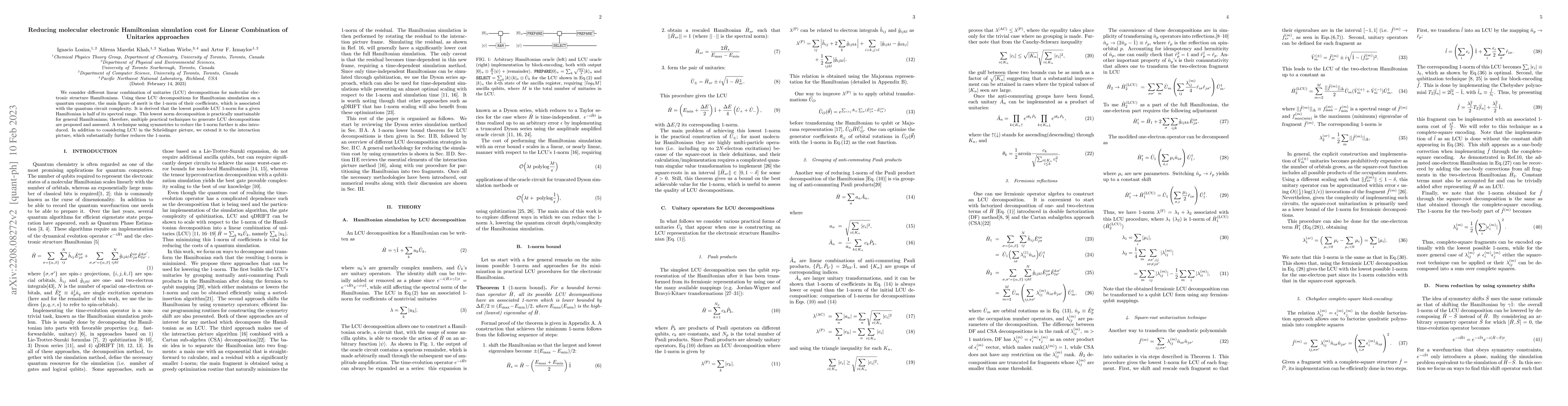 Thumbnail for Reducing molecular electronic Hamiltonian simulation cost for Linear
  Combination of Unitaries approaches