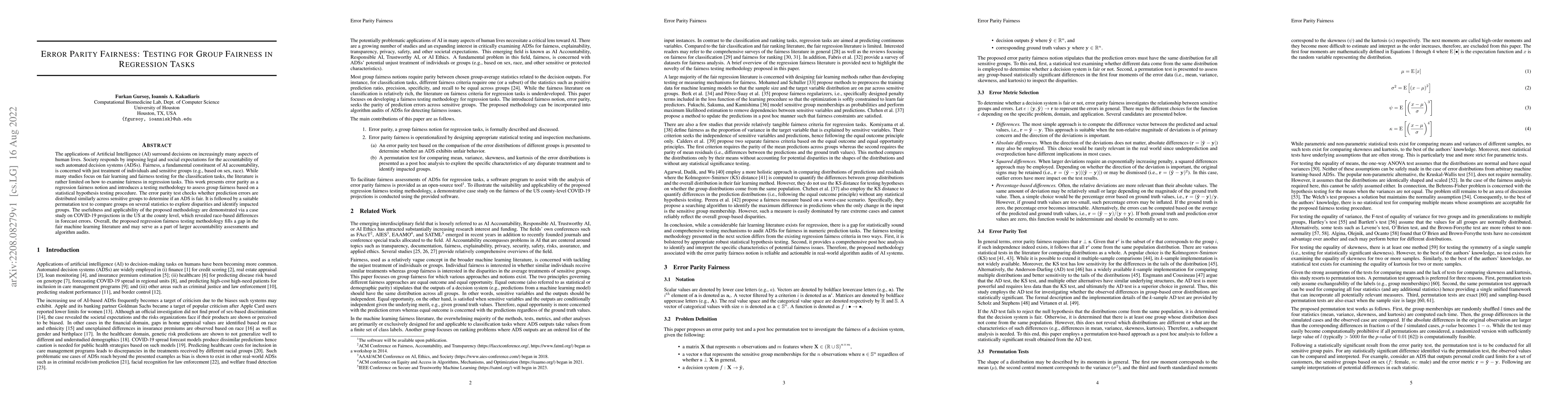 Thumbnail for Error Parity Fairness: Testing for Group Fairness in Regression Tasks