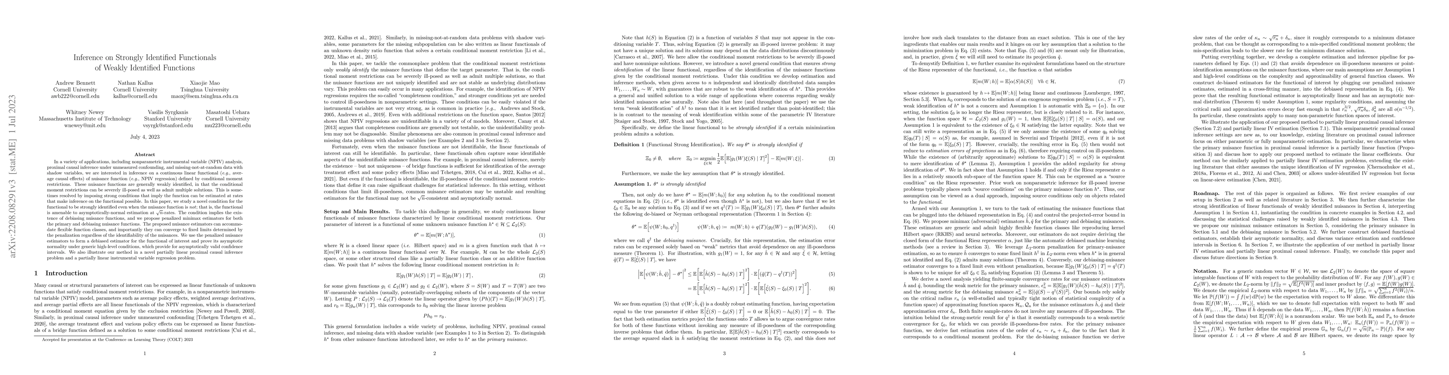 Thumbnail for Inference on Strongly Identified Functionals of Weakly Identified
  Functions