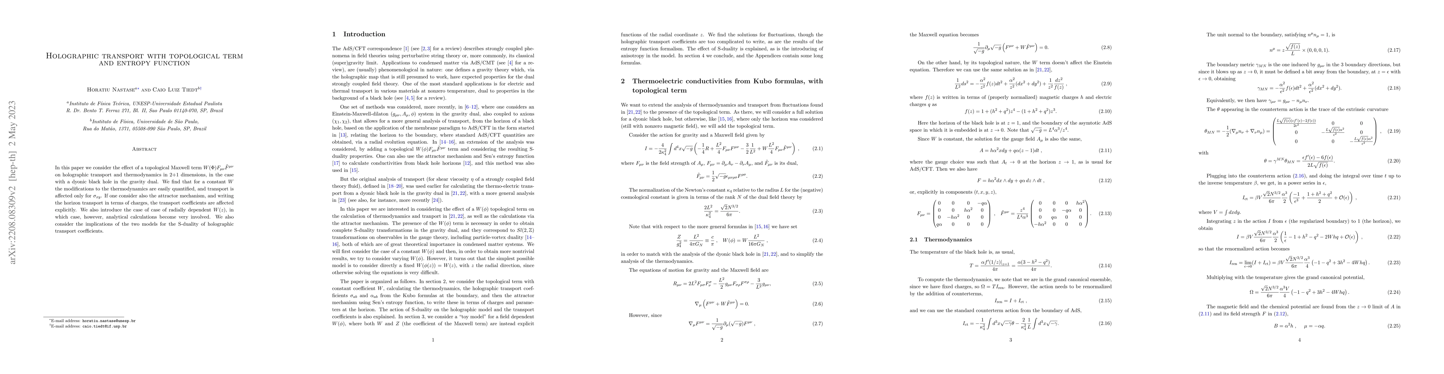 Thumbnail for Holographic transport with topological term and entropy function