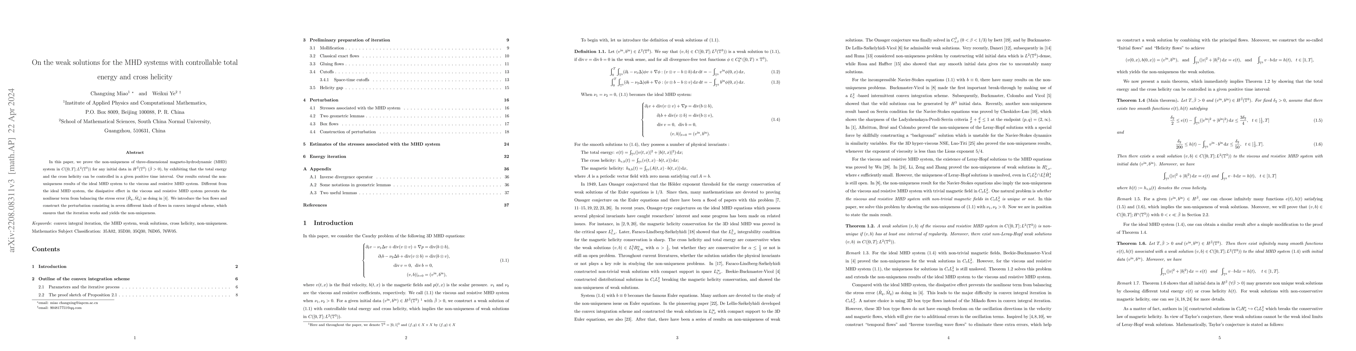Thumbnail for On the weak solutions for the MHD systems with controllable total energy
  and cross helicity